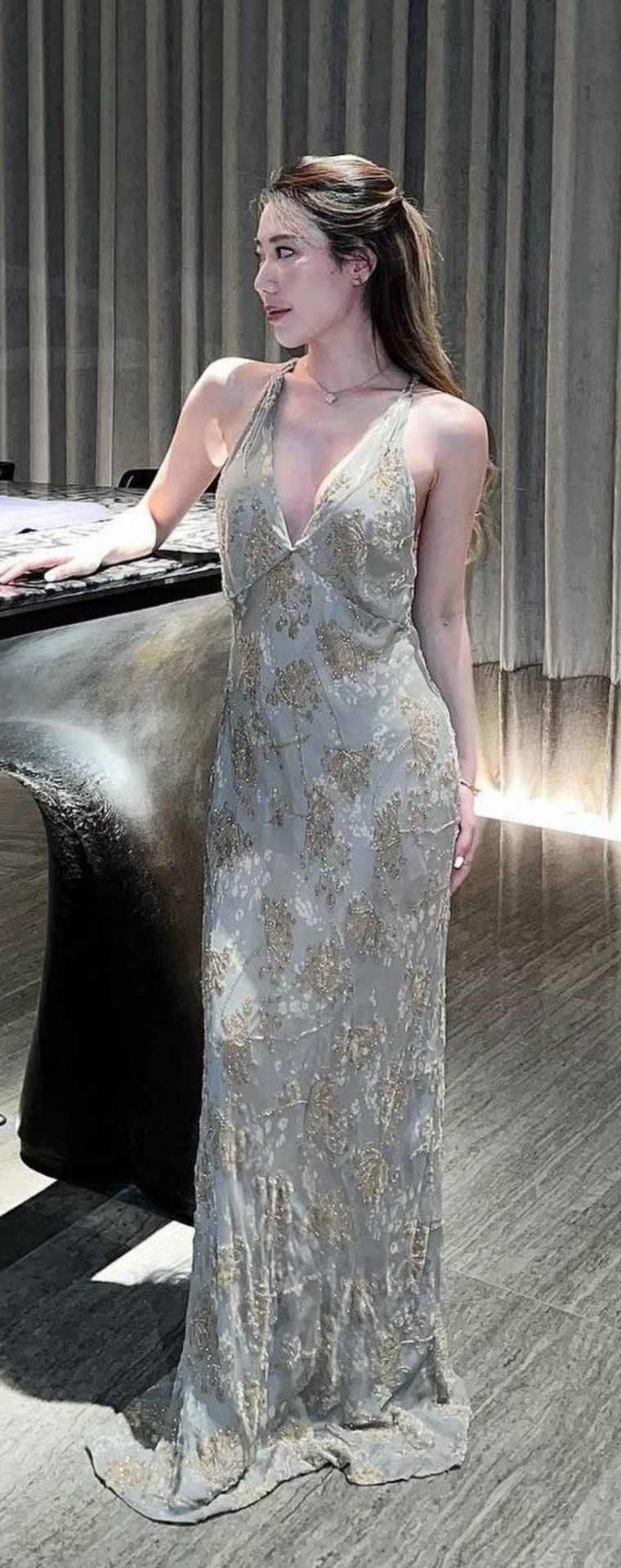 Carmen Marc Valvo Grey & Black Evening Gown D04 — Front