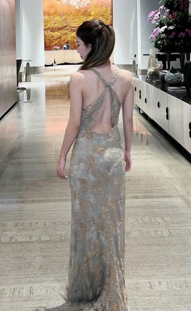 Carmen Marc Valvo Grey & Black Evening Gown D04 — Back