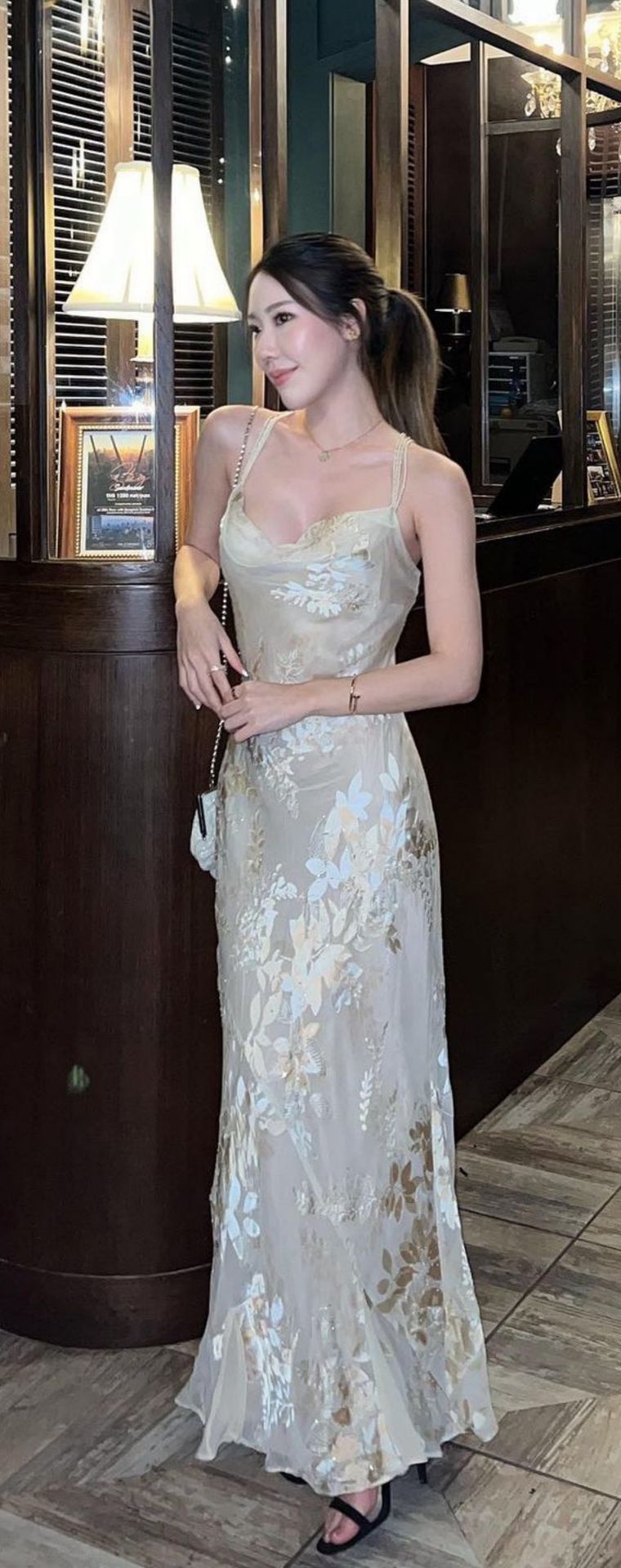 Monsoon Cream, Gold, Brown Evening Gown C09 — Front