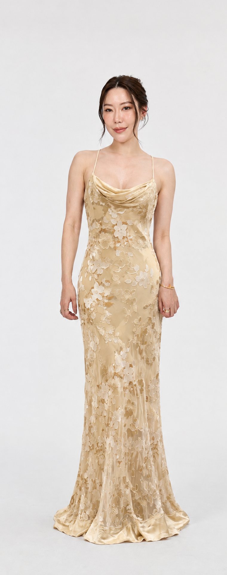 Monsoon Cream, Gold, Brown Evening Gown C19 — Front