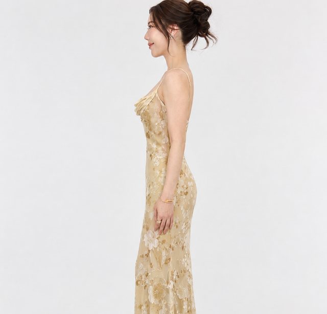 Monsoon Cream, Gold, Brown Evening Gown C19 — Detail